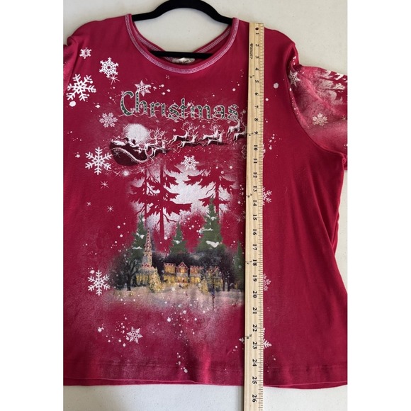 Vtg Red Christmas Pullover Shirt Santa Sleigh Reindeer Rhinestones Snowflake - Picture 11 of 16